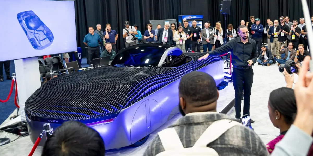 First-electric-flying-car CEO Jim Dukhovny introduces the Model A electric flying car at the Detroit Auto Show (Source: Alef)