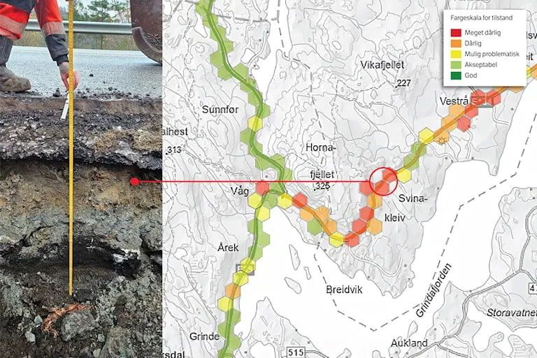 Image 29: Oppgravd veg og en som måler med målestokk til venstre i bildet og kart til høyre.