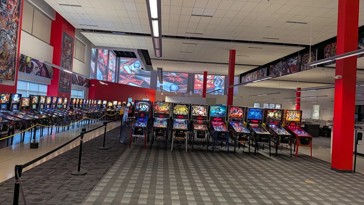 A view of the machine collection inside of Stern Pinball's offices.